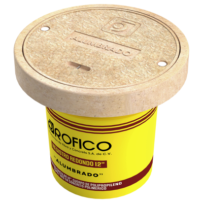 REGISTRO CIRCULAR TIPO CUBETA EN COLOR AMARILLO CON MARCO Y TAPA EN CONCRETO POLIMERICO CON LEYENDA DE