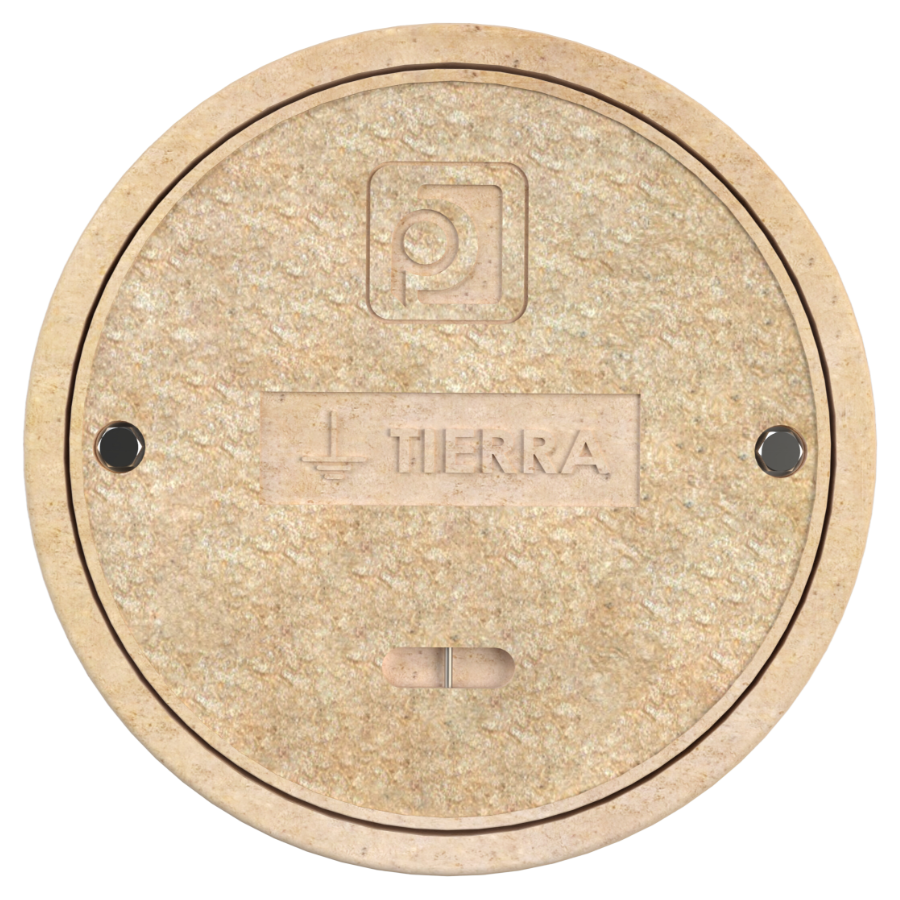 REGISTRO CIRCULAR TIPO CUBETA EN COLOR VERDE CON MARCO Y TAPA EN CONCRETO POLIMERICO CON LEYENDA DE
