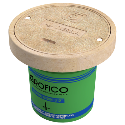 REGISTRO CIRCULAR TIPO CUBETA EN COLOR VERDE CON MARCO Y TAPA EN CONCRETO POLIMERICO CON LEYENDA DE